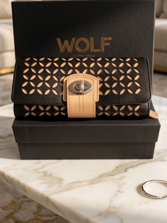 WOLF Handbags - WOLF Black and Beige Laser-Cut Leather Jewelry Organizer/Roll Wallet.